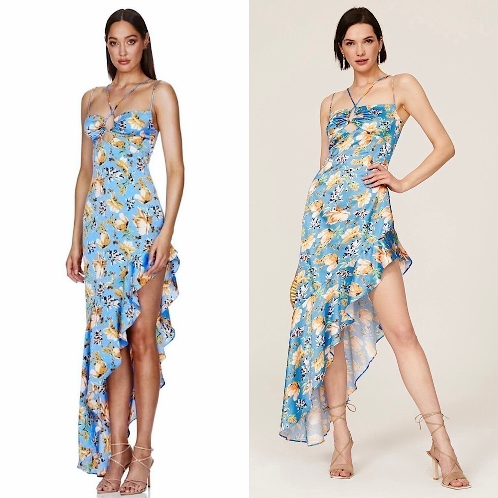 NOOKIE‎ 70s Floral Satin Sleeveless Ruched Cutout Asymmetric Ruffle Maxi Dress L